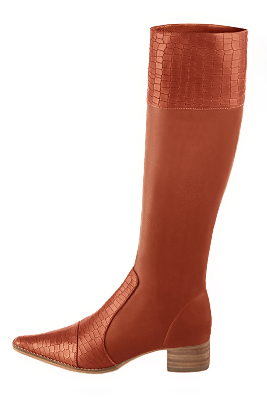 Terracotta orange women's riding knee-high boots. Tapered toe. Low leather soles. Made to measure. Profile view - Florence KOOIJMAN